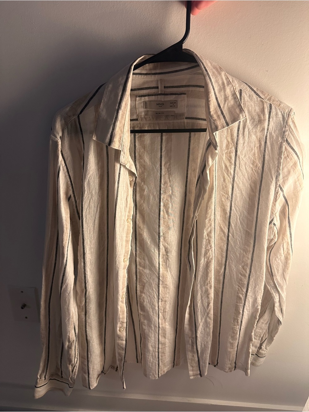 Mango Men’s Cream Button-Down Shirt with Black Stripes